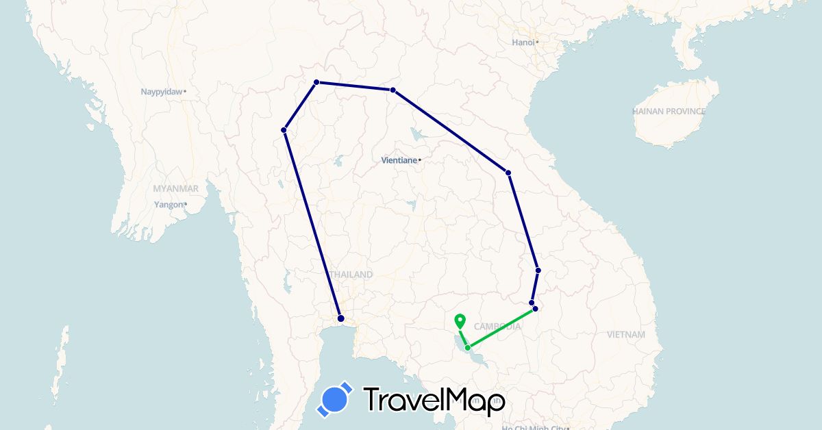 TravelMap itinerary: driving, bus in Cambodia, Laos, Thailand (Asia)